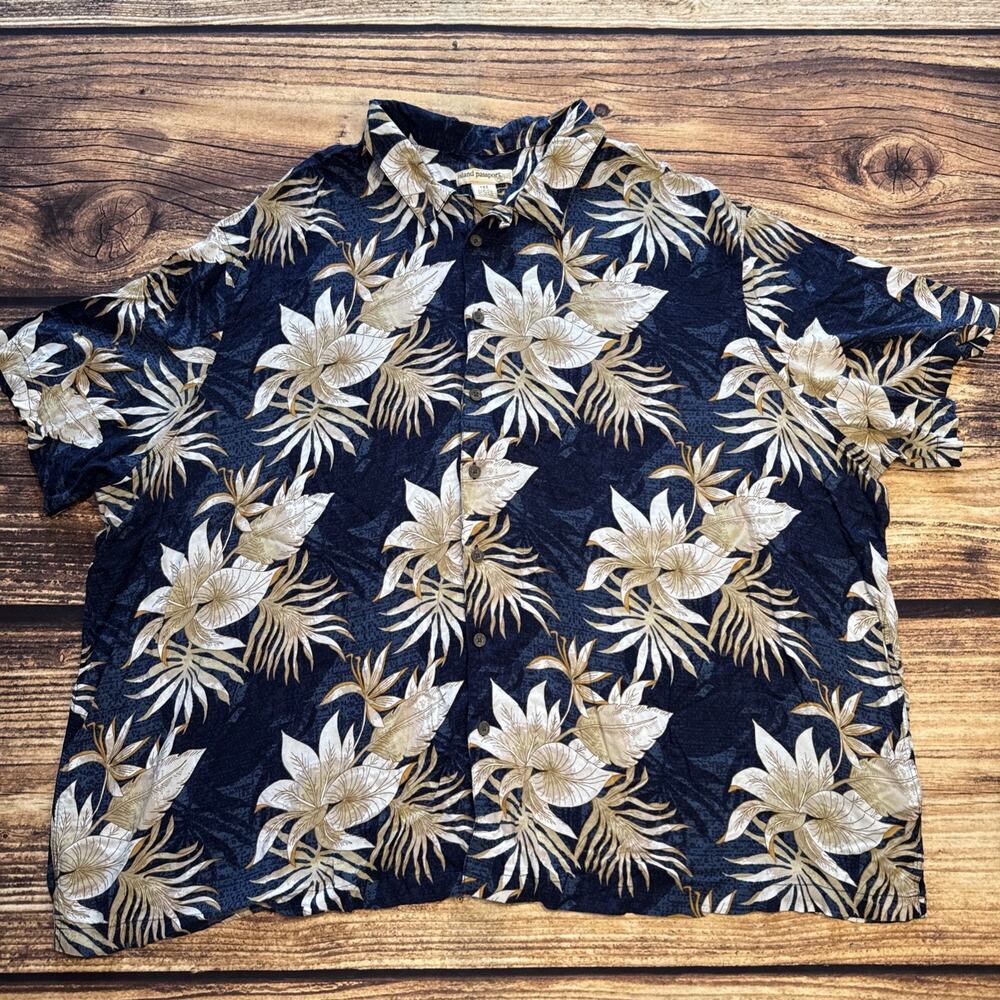 Island Passport Button Up Short Sleeve Aloha Shirt Graphic Blue Tan Mn Sz 4XL